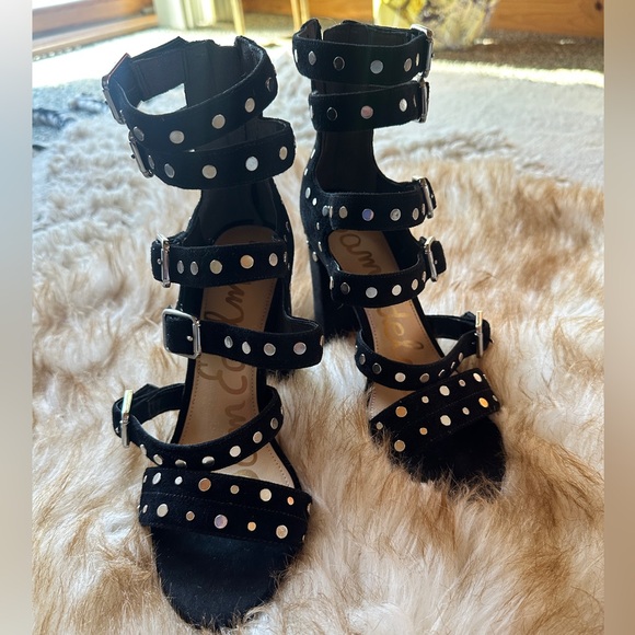 New Sam Edelman York Studded Heeled Sandals Black Suede Strappy Gladiator Heels - Picture 4 of 6